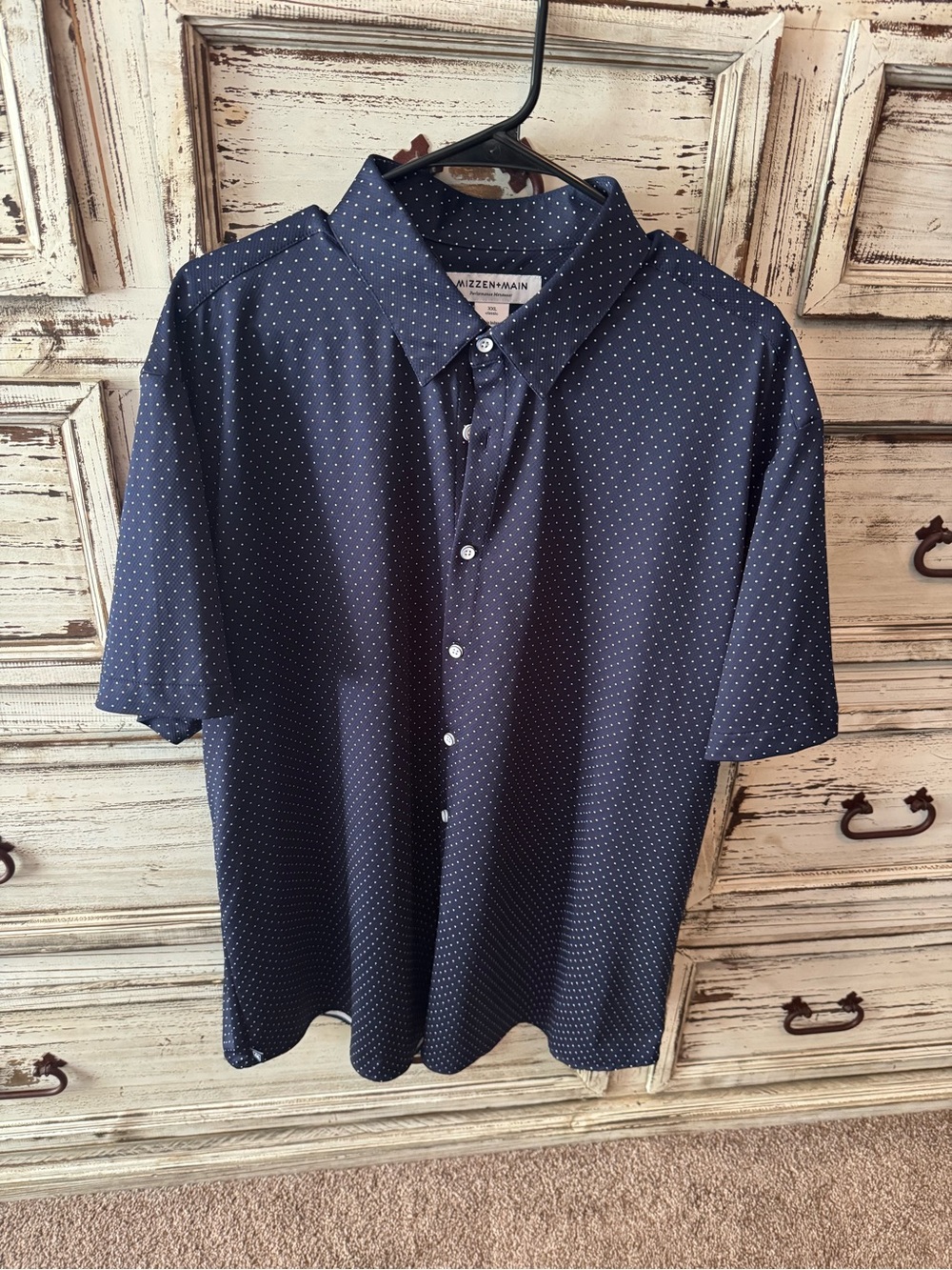 Mizzen+Main Navy Short Sleeve Button-Up with White Micro Dots